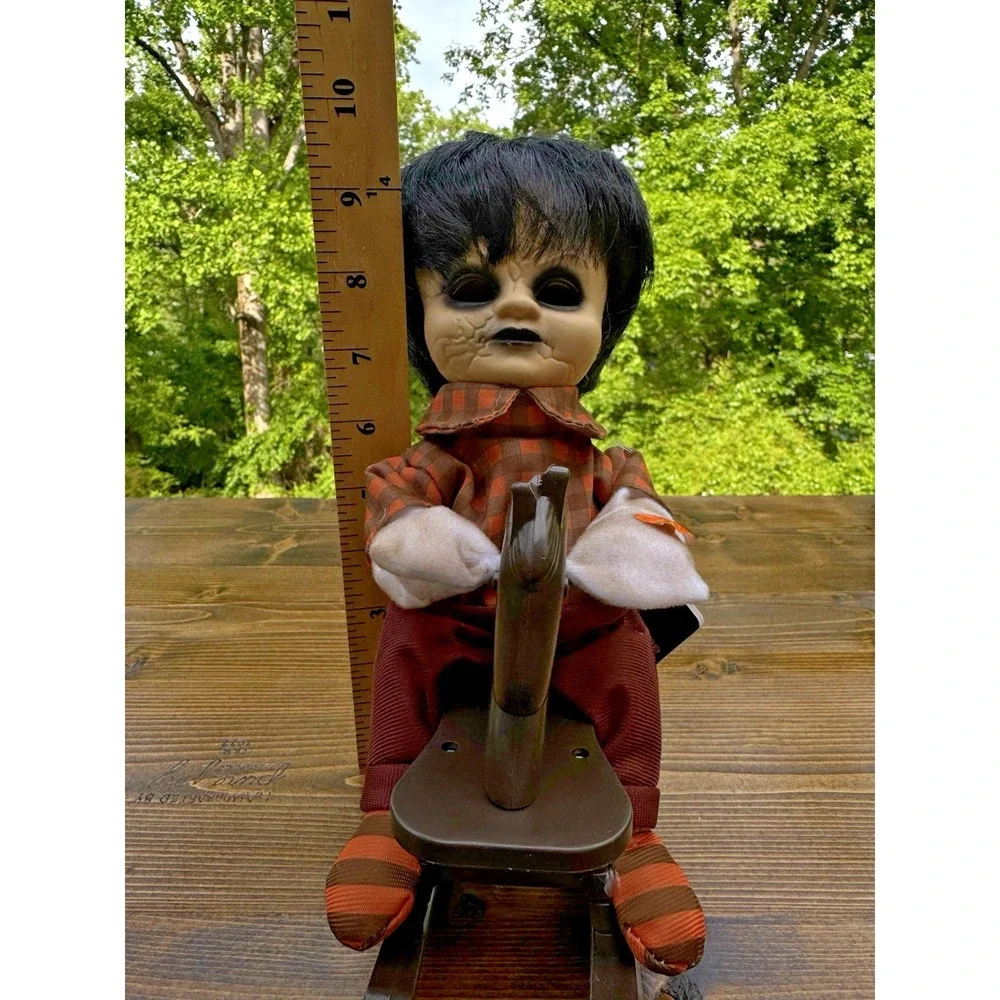 Creepy Animated Rocking Boy Doll Black Hollow Eyes Haunted Halloween Prop